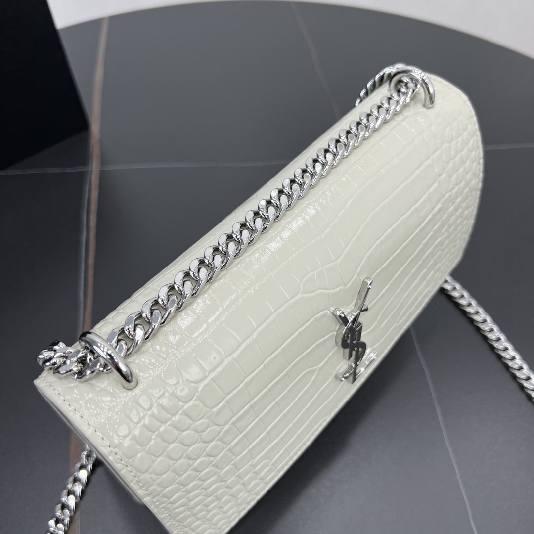 Saint Laurent Sunset Crocodile Embossed Calfskin Handbag Shoulder Bag White 442906 Silver